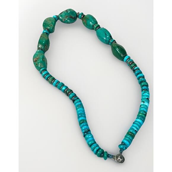 VTG Southwest Carved Heishi Turquoise Bead Necklace Sterling 925 Spacers 80.8g - Picture 7 of 16